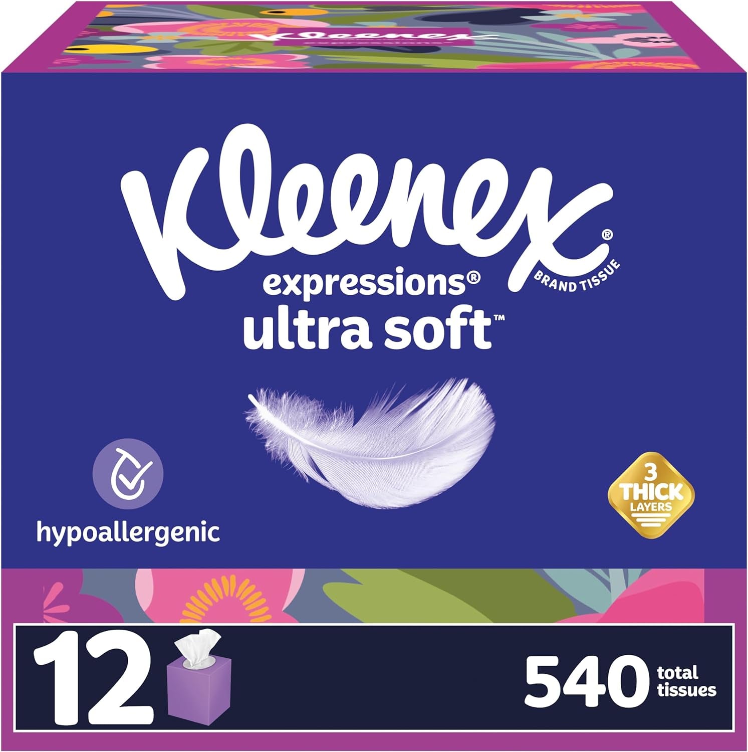 Expressions Ultra Soft Facial Tissues, 12 Cube Boxes, 45 Tissues per Box, 3-Ply (540 Total Tissues), Packaging May Vary